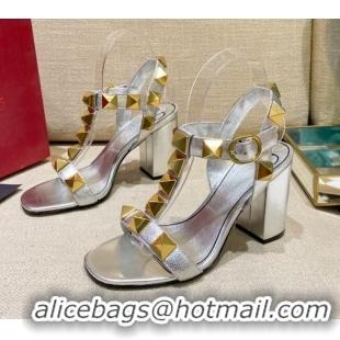 Discount Valentino Roman Stud Calfskin Sandals 9cm 021664 Silver