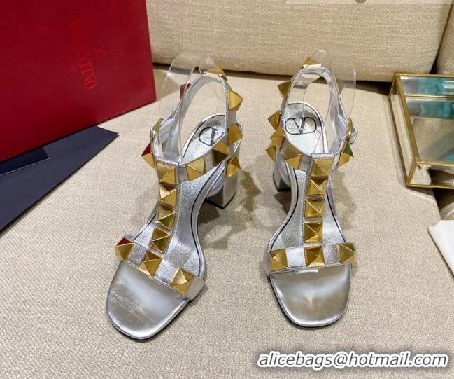 Discount Valentino Roman Stud Calfskin Sandals 9cm 021664 Silver