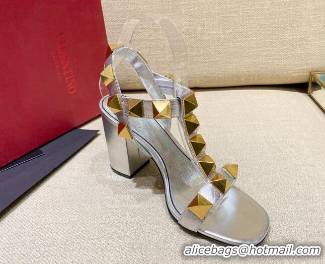 Discount Valentino Roman Stud Calfskin Sandals 9cm 021664 Silver