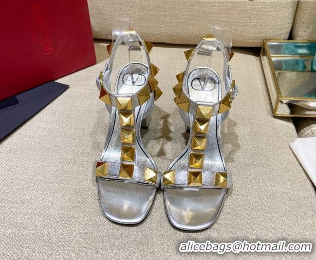 Discount Valentino Roman Stud Calfskin Sandals 9cm 021664 Silver