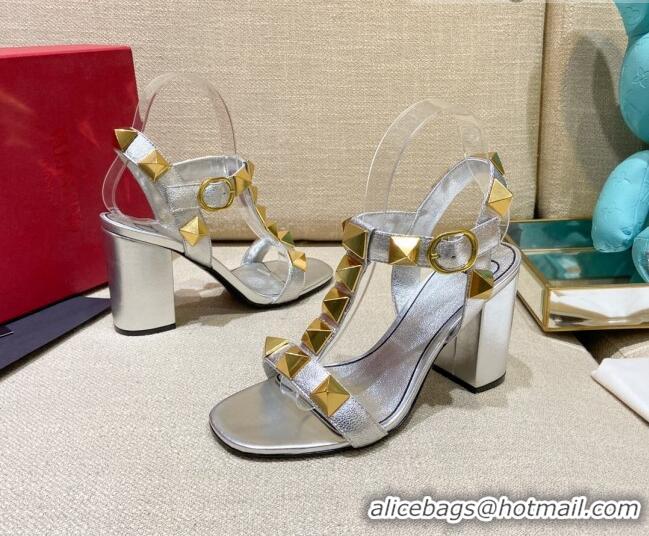 Discount Valentino Roman Stud Calfskin Sandals 9cm 021664 Silver