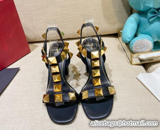 Good Quality Valentino Roman Stud Calfskin Sandals 9cm 021664 Black