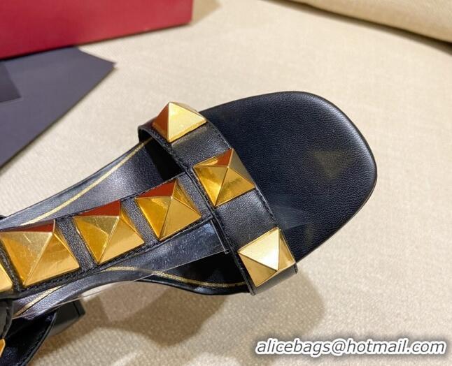 Good Quality Valentino Roman Stud Calfskin Sandals 9cm 021664 Black