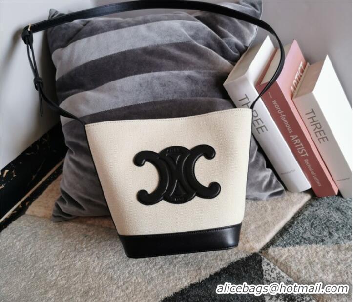 Discount Celine TRIOMPHE SHOULDER BAG IN TRIOMPHE CANVAS AND CALFSKIN 198242 black&white