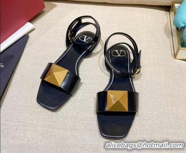 Good Quality Valentino One Stud Lambskin Flat Sandals 021679 Black