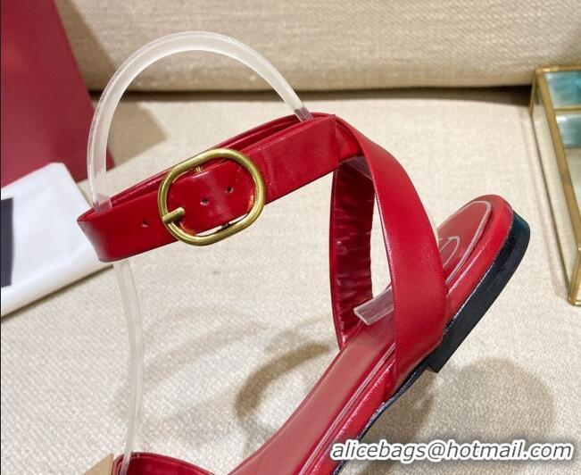 Leisure Valentino One Stud Lambskin Flat Sandals 021677 Red