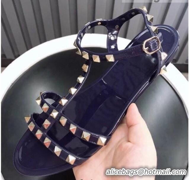 Sumptuous Valentino PVC Stud Flat Sandals 021685 Navy Blue