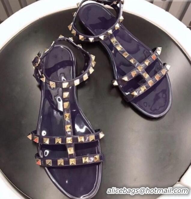 Sumptuous Valentino PVC Stud Flat Sandals 021685 Navy Blue