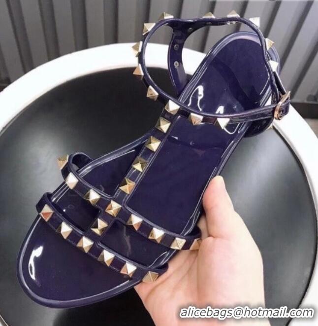 Sumptuous Valentino PVC Stud Flat Sandals 021685 Navy Blue