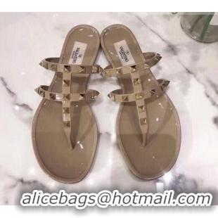 Cheap Valentino PVC Stud Flat Thong Slide Sandals 021691 Beige