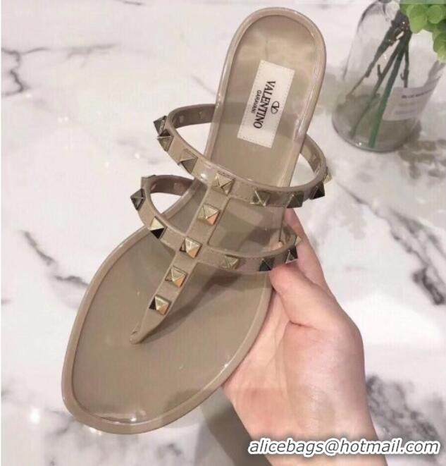 Cheap Valentino PVC Stud Flat Thong Slide Sandals 021691 Beige