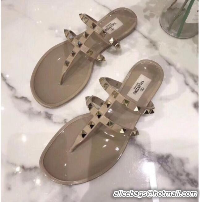 Cheap Valentino PVC Stud Flat Thong Slide Sandals 021691 Beige