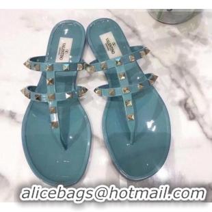 Fashion Valentino PVC Stud Flat Thong Slide Sandals Blue 021692