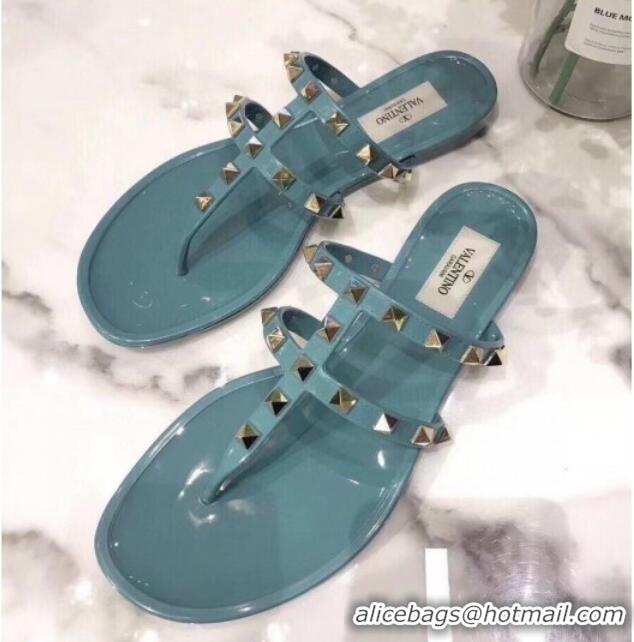 Fashion Valentino PVC Stud Flat Thong Slide Sandals Blue 021692