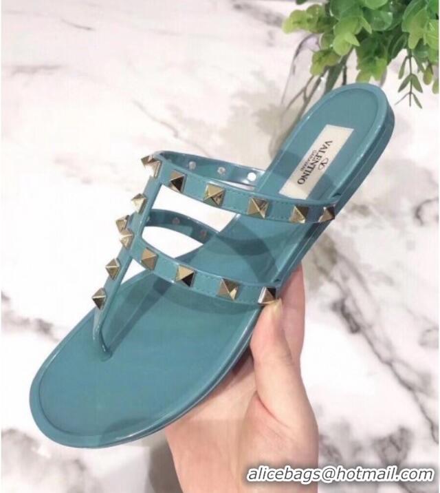 Fashion Valentino PVC Stud Flat Thong Slide Sandals Blue 021692