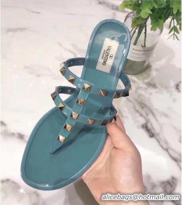 Fashion Valentino PVC Stud Flat Thong Slide Sandals Blue 021692