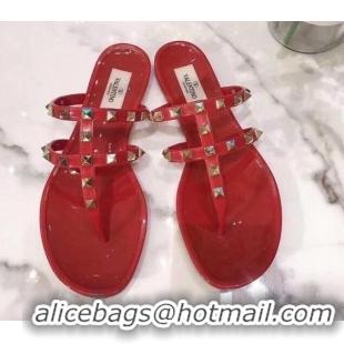 Good Product Valentino PVC Stud Flat Thong Slide Sandals 021692 Red