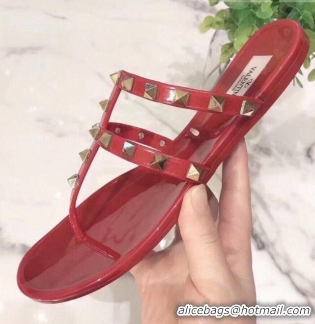 Good Product Valentino PVC Stud Flat Thong Slide Sandals 021692 Red