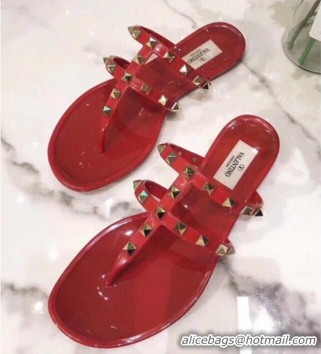 Good Product Valentino PVC Stud Flat Thong Slide Sandals 021692 Red