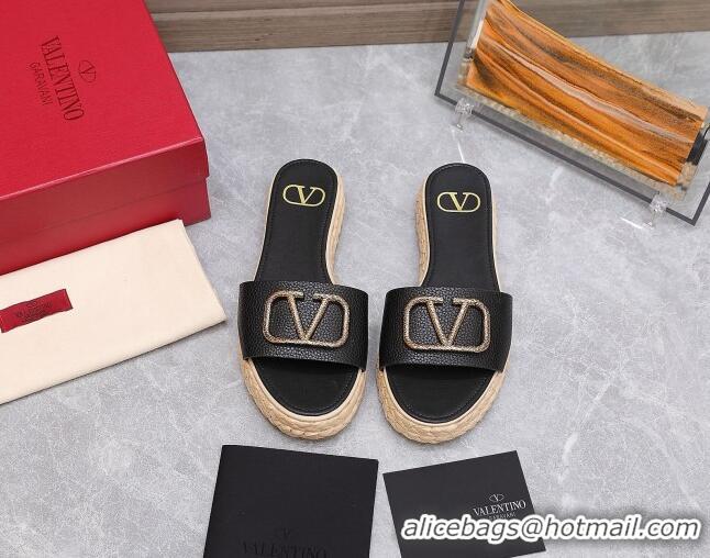 Top Design Valentino VLogo Calfskin Slide Sandals Black 021694