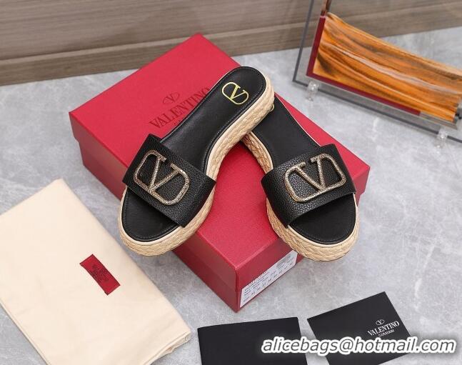 Top Design Valentino VLogo Calfskin Slide Sandals Black 021694