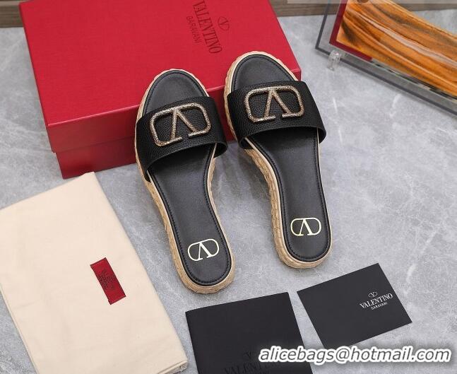 Top Design Valentino VLogo Calfskin Slide Sandals Black 021694