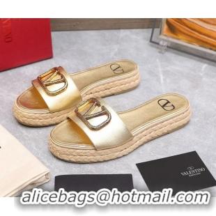 Discount Valentino VLogo Calfskin Slide Sandals 021694 Gold