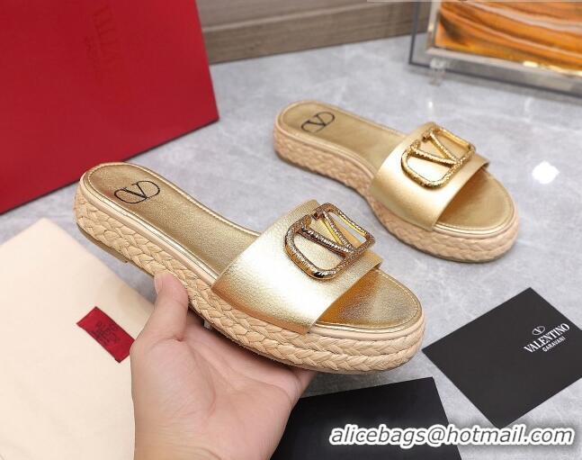 Discount Valentino VLogo Calfskin Slide Sandals 021694 Gold