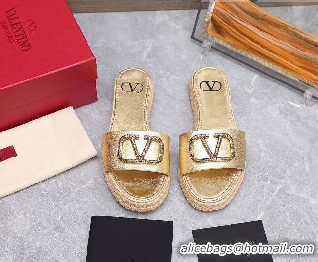 Discount Valentino VLogo Calfskin Slide Sandals 021694 Gold