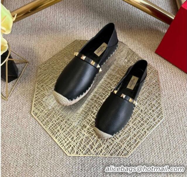 Stylish Valentino Rockstud Litchi-Gained Leather Espadrilles 021742 Black