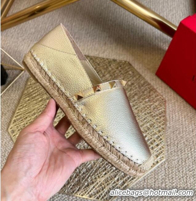 Trendy Design Valentino Rockstud Litchi-Gained Leather Espadrilles 021742 Gold