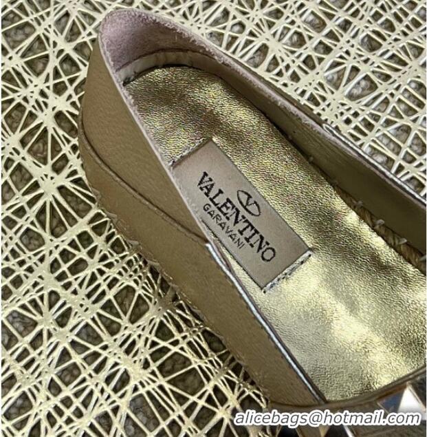 Trendy Design Valentino Rockstud Litchi-Gained Leather Espadrilles 021742 Gold