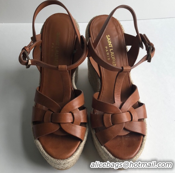 Top Grade Saint Laurent Lambskin Espadrille Platform Sandals Y71331 Brown