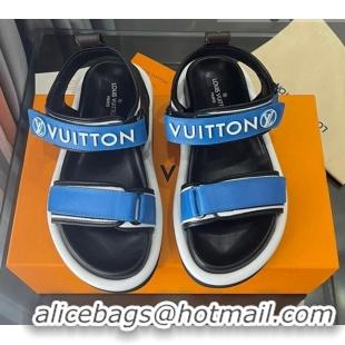 Fashion Louis Vuitton Pool Pillow Flat Comfort Sandals with Velcro Straps Blue 021628