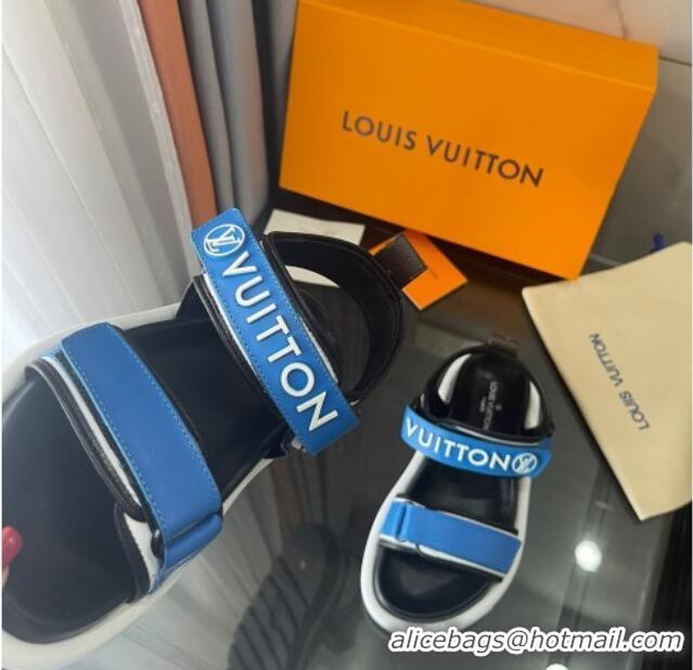 Fashion Louis Vuitton Pool Pillow Flat Comfort Sandals with Velcro Straps Blue 021628