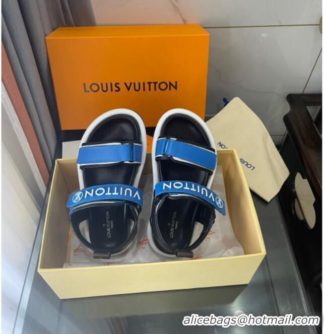 Fashion Louis Vuitton Pool Pillow Flat Comfort Sandals with Velcro Straps Blue 021628