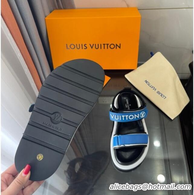 Fashion Louis Vuitton Pool Pillow Flat Comfort Sandals with Velcro Straps Blue 021628