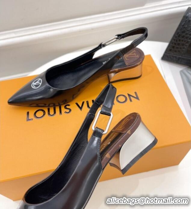 Grade Quality Louis Vuitton Magnetic Slingback Pump 3.5cm in Glazed Calf Leather Black 021631