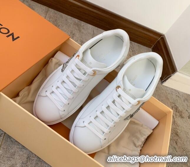 Most Popular Louis Vuitton Time Out Calf Leather Sneakers with Crystal LV White 021947