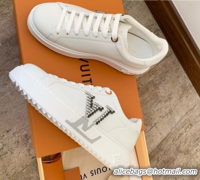 Most Popular Louis Vuitton Time Out Calf Leather Sneakers with Crystal LV White 021947