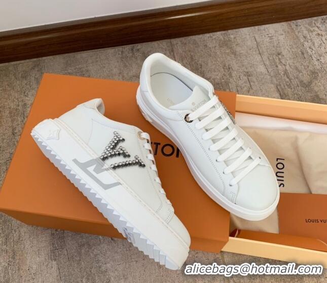 Most Popular Louis Vuitton Time Out Calf Leather Sneakers with Crystal LV White 021947