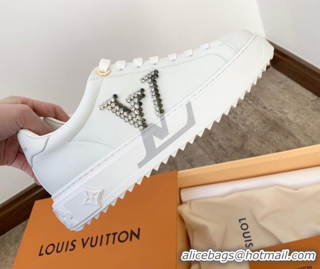 Most Popular Louis Vuitton Time Out Calf Leather Sneakers with Crystal LV White 021947