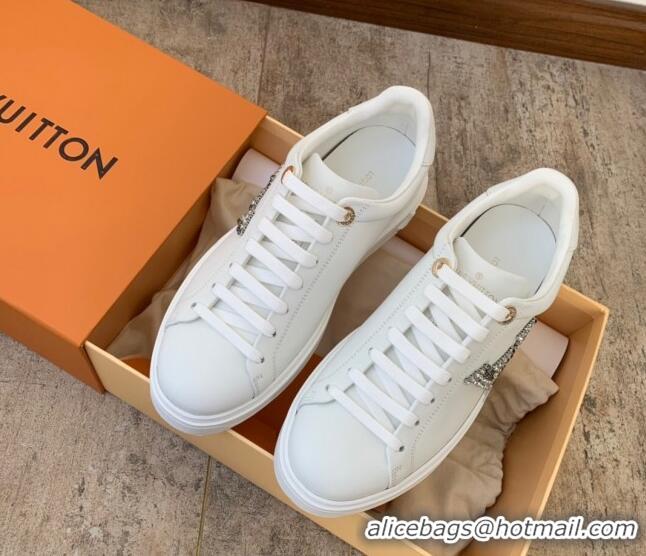 Most Popular Louis Vuitton Time Out Calf Leather Sneakers with Crystal LV White 021947