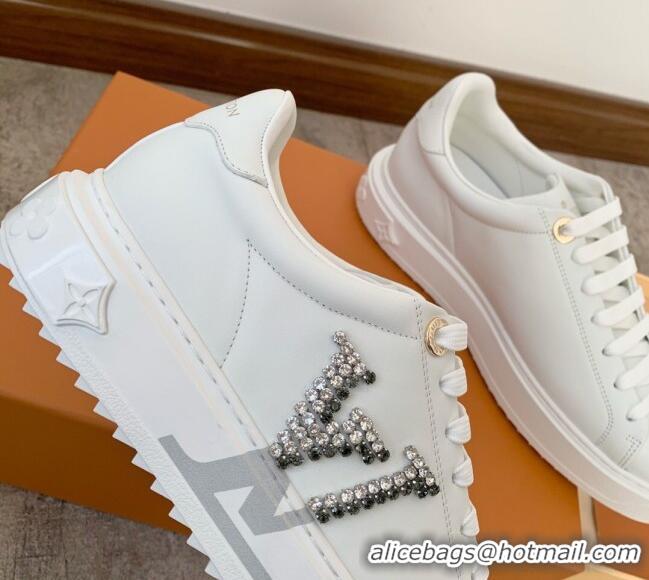 Most Popular Louis Vuitton Time Out Calf Leather Sneakers with Crystal LV White 021947