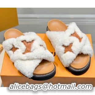 Duplicate Louis Vuitton Paseo Shearling Flat Comfort Slide Sandals White/Brown 030724