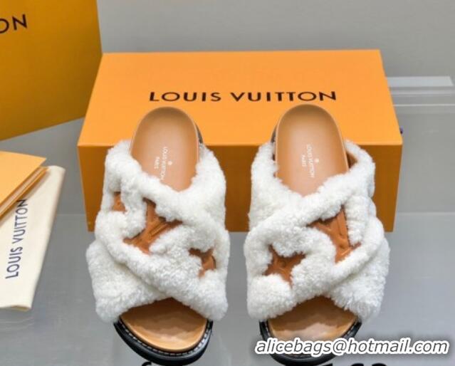 Duplicate Louis Vuitton Paseo Shearling Flat Comfort Slide Sandals White/Brown 030724