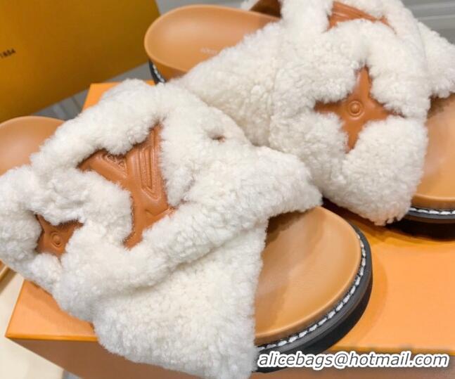 Duplicate Louis Vuitton Paseo Shearling Flat Comfort Slide Sandals White/Brown 030724