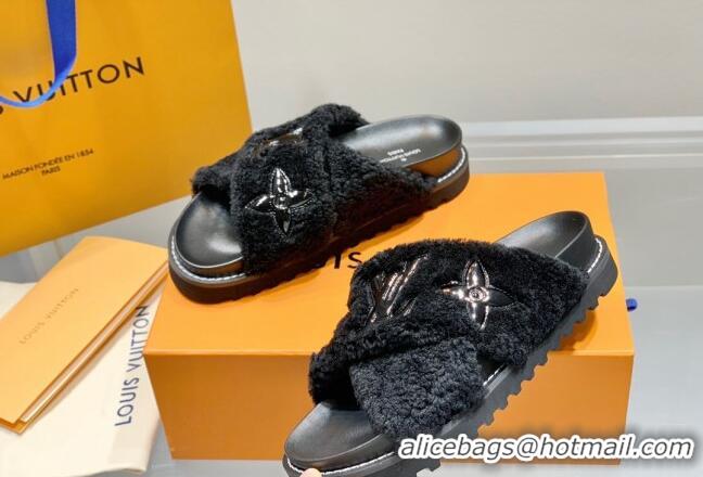 Duplicate Louis Vuitton Paseo Shearling Flat Comfort Slide Sandals Black 030725