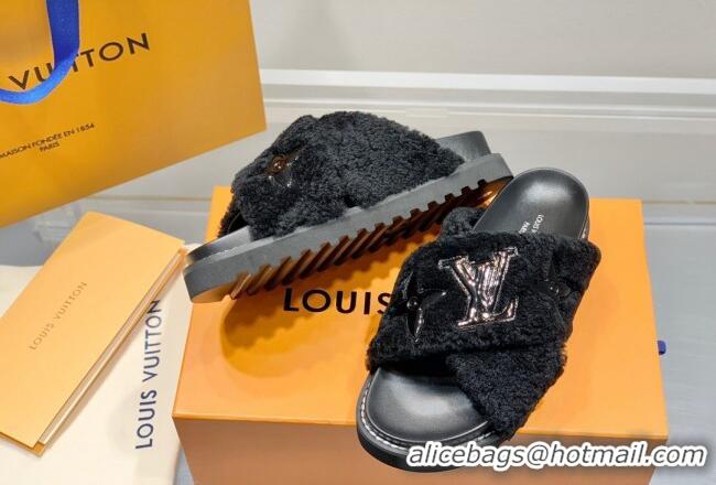 Duplicate Louis Vuitton Paseo Shearling Flat Comfort Slide Sandals Black 030725