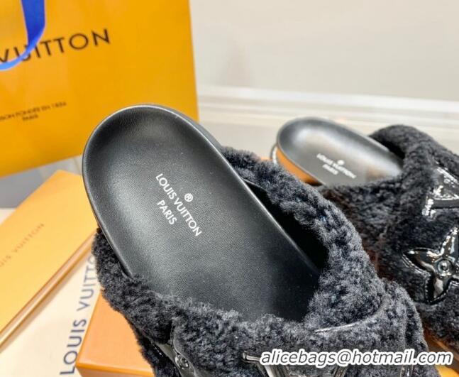 Duplicate Louis Vuitton Paseo Shearling Flat Comfort Slide Sandals Black 030725